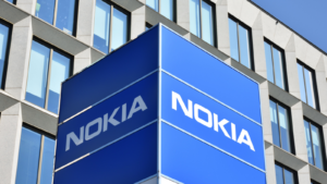 Nokia (NOK) sign, logo, emblem at Nokia Solutions and Networks building, branch of global Finnish company, telecommunications equipment supplier.